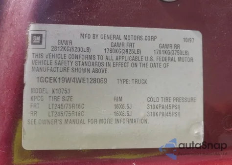 1998 Chevrolet K1500 Fleetside z USA, uszkodzony, nr VIN 1GCEK19W4WE128069